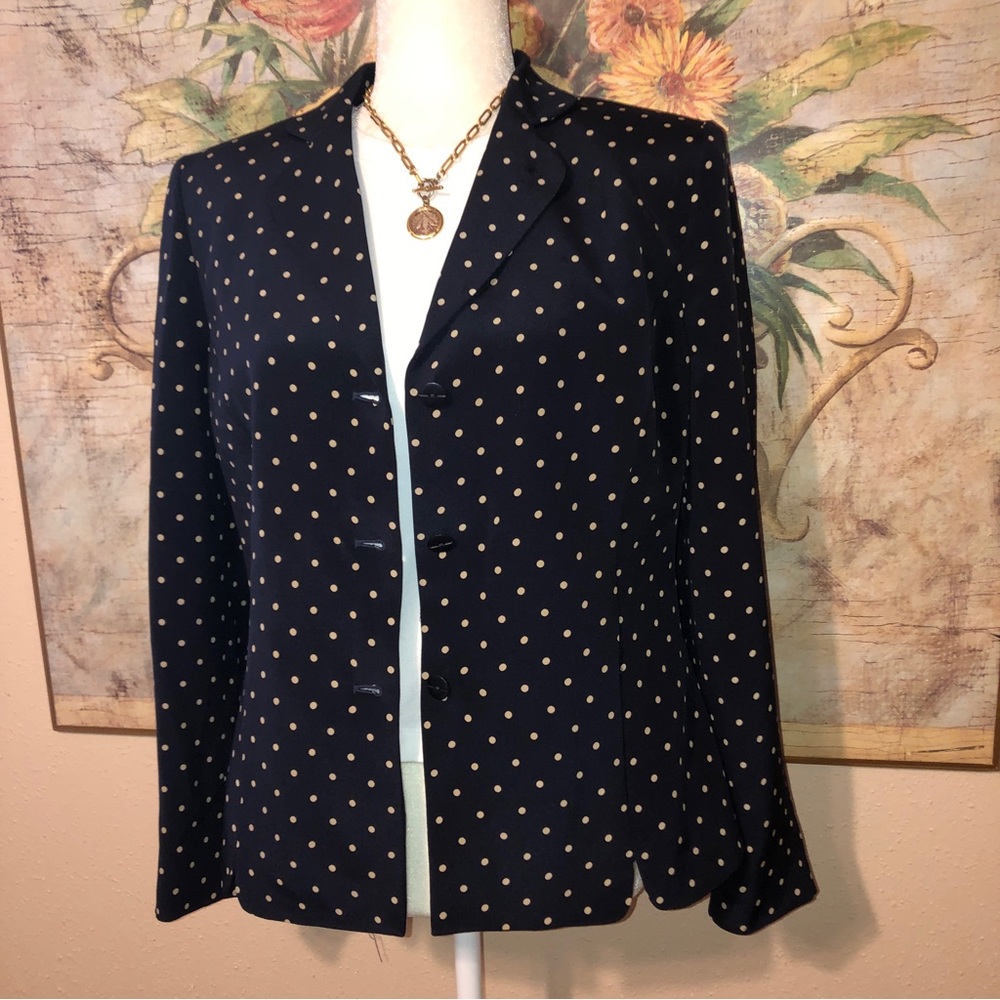 Sz 8 Preston & York Vintage Navy Blue Beige Polka Dot Silk Blazer